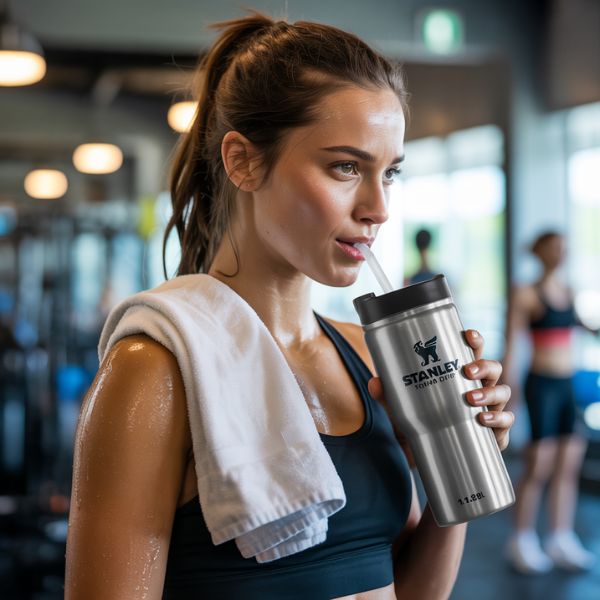 Femme au sport en train de boire avec sa stanley cup en inox