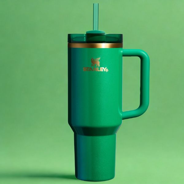 Stanley cup quencher verte version saint patrick sur fond vert abstrait